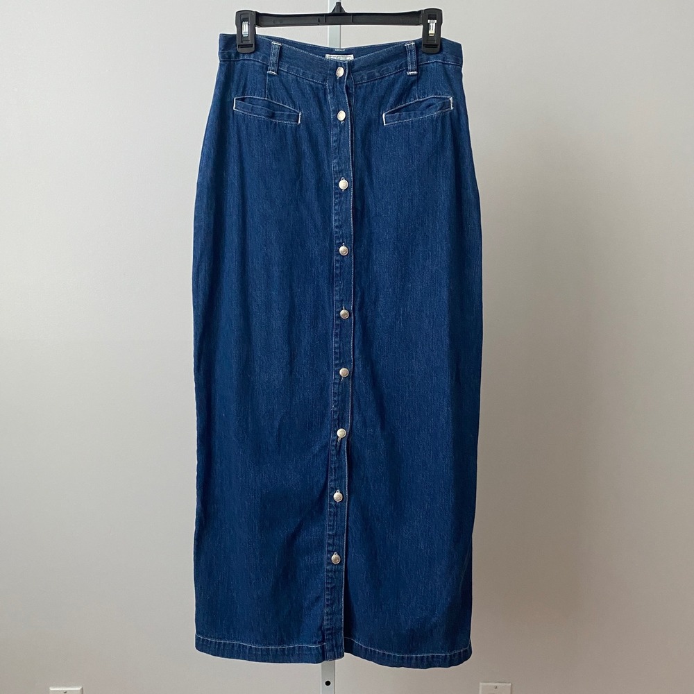 VTG Willis Smith Cotton Academia Lagenlook Denim Button Maxi Skirt 8 Blue